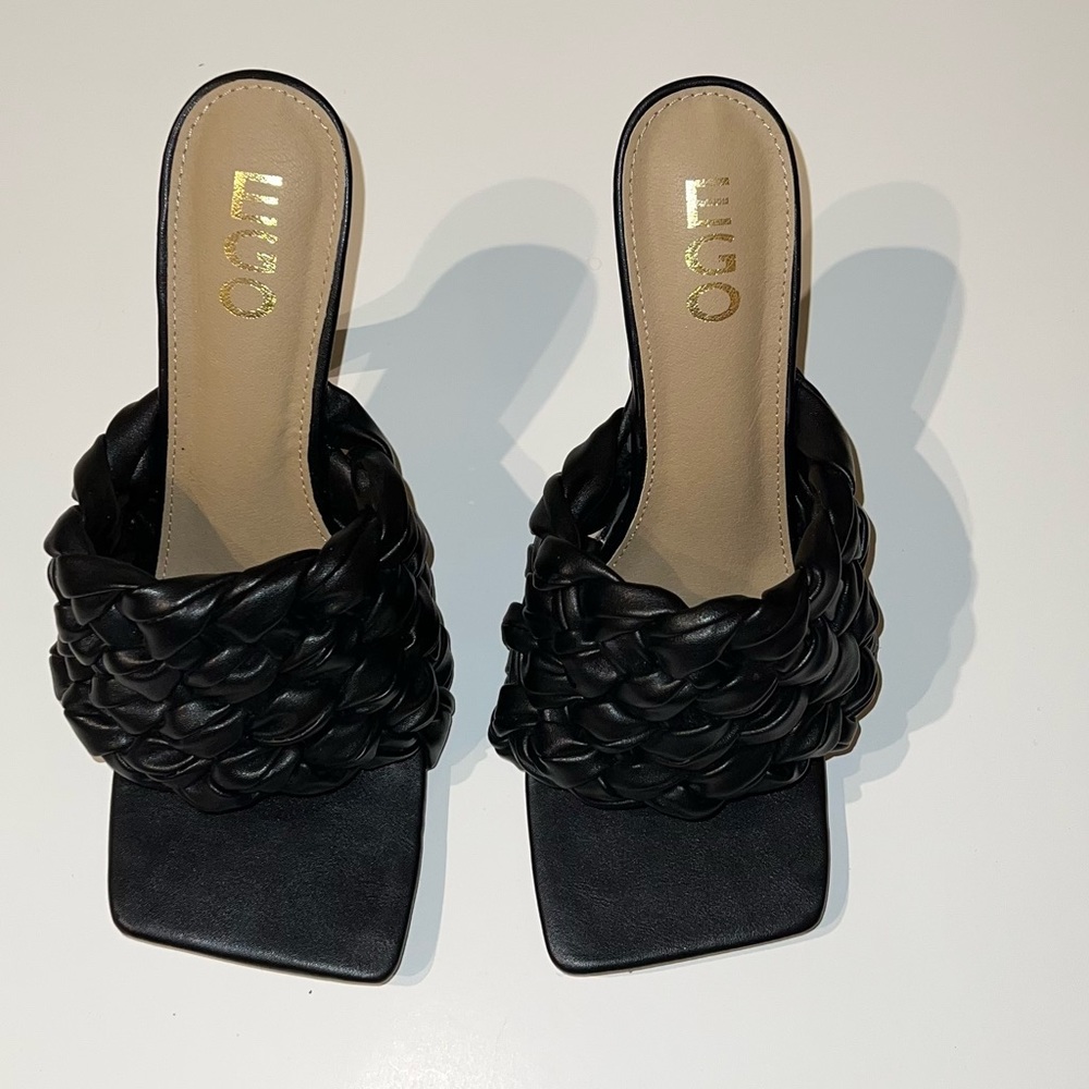 Square toe, weaved faux leather mule, worn once